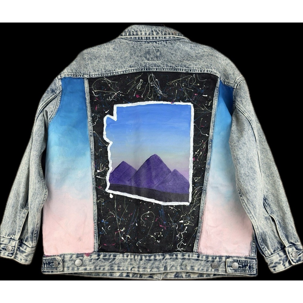 Wild Fable Denim Jacket Women L Acid Wash Palm Tree‎ Floral Painted Retro Art - Picture 2 of 16